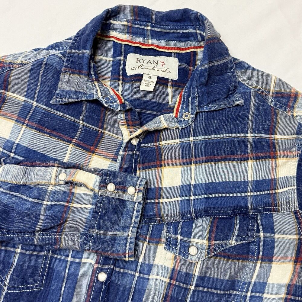 Ryan Michael Western Pearl Snap Mens XL Plaid Embroidered Yoke Rodeo Cowboy Blue